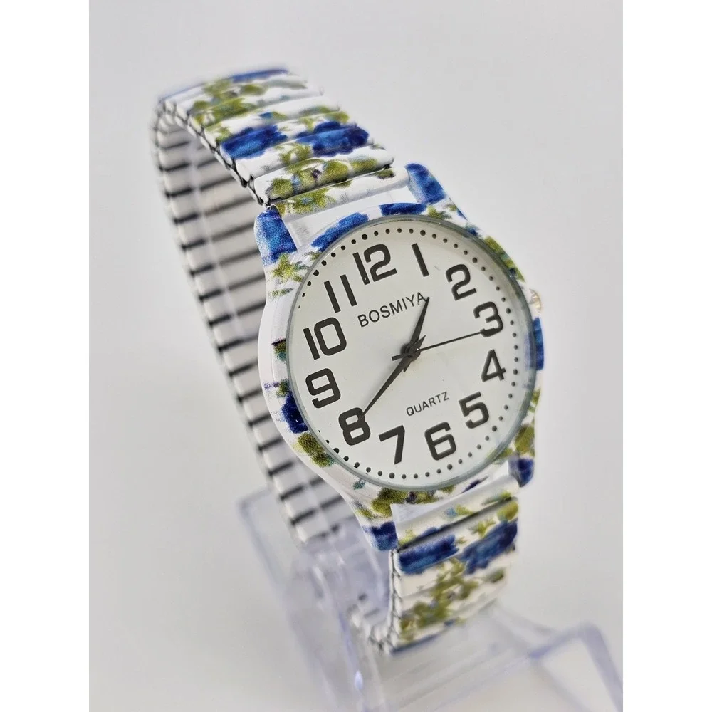 Women Watch Large Numerals 36MM Multicolor Flowers Stretch Band 6.5